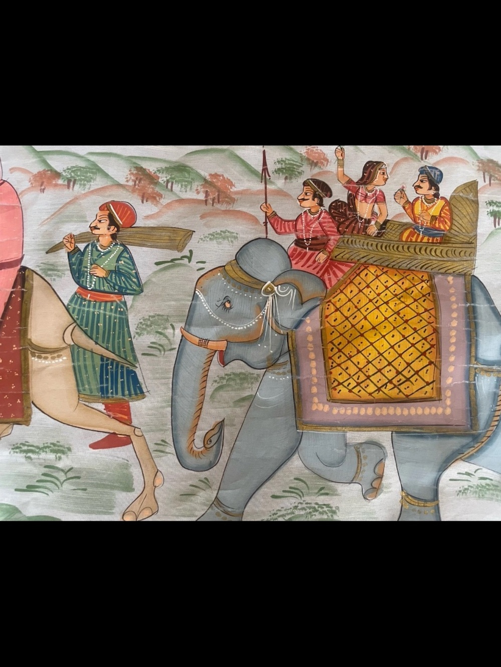 Large Vintage Indian Silk Painting: Royal Procession with Elephant & Camel 20x30